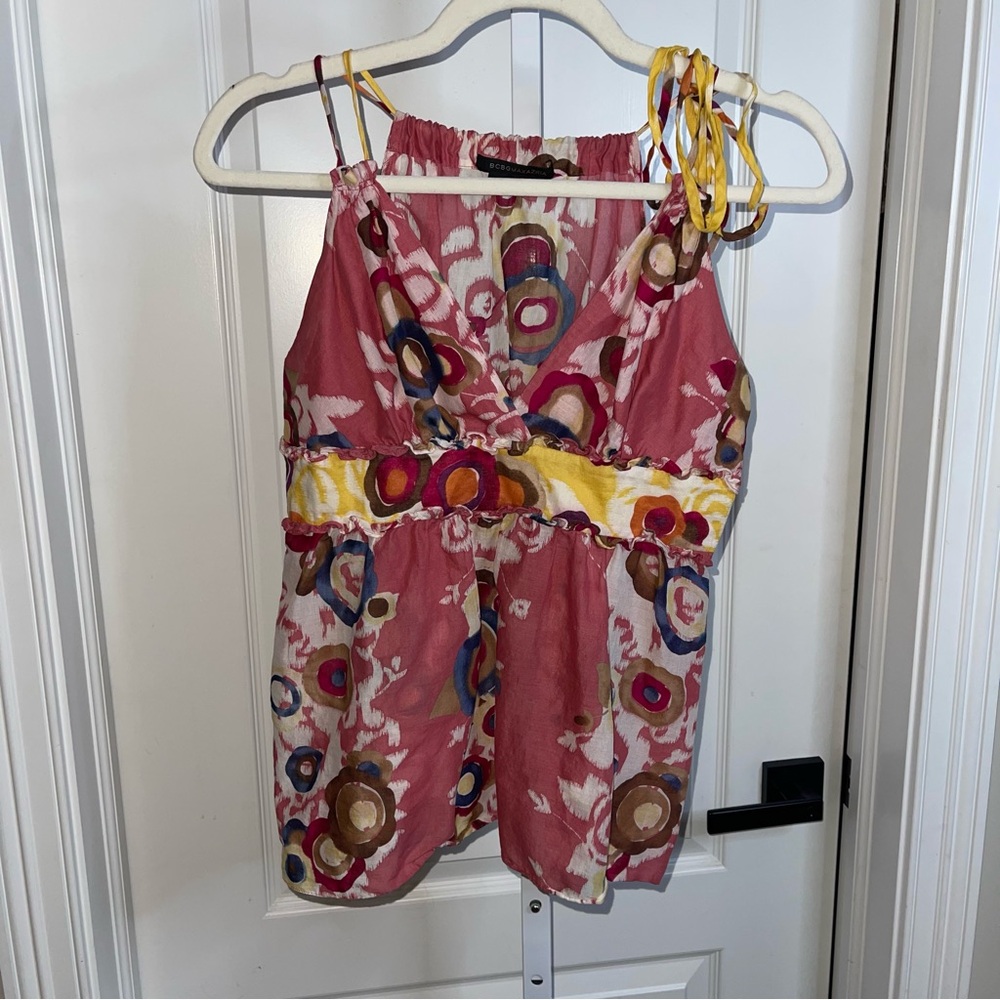 BCBGMaxAzria Pink Abstract Tie Strap Top Y2K Empire Waist Size M